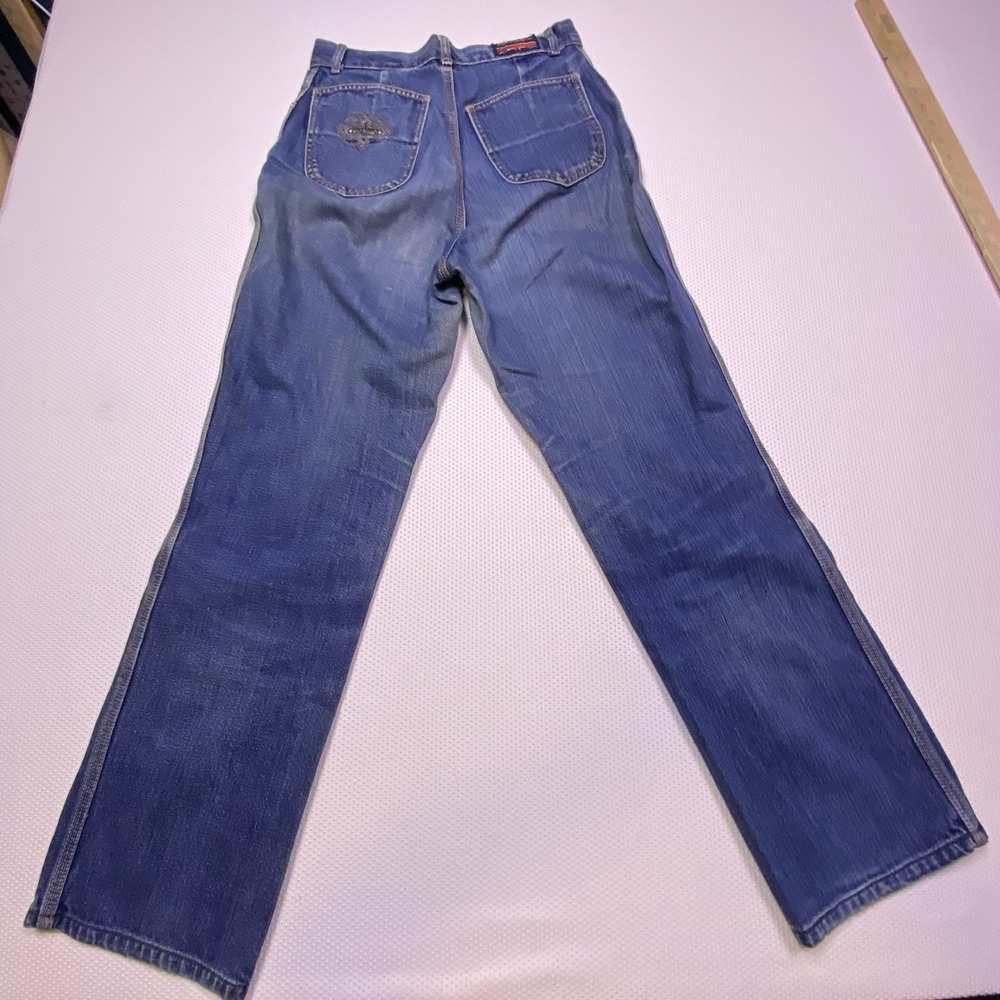 Vintage Brittania High Rise Boot Cut Wide Leg Denim Jeans Brittish Flag 10 long - Picture 7 of 8